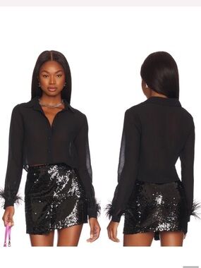 Revolve superdown Black Sheer Button-Up Blouse with Feather Cuffs